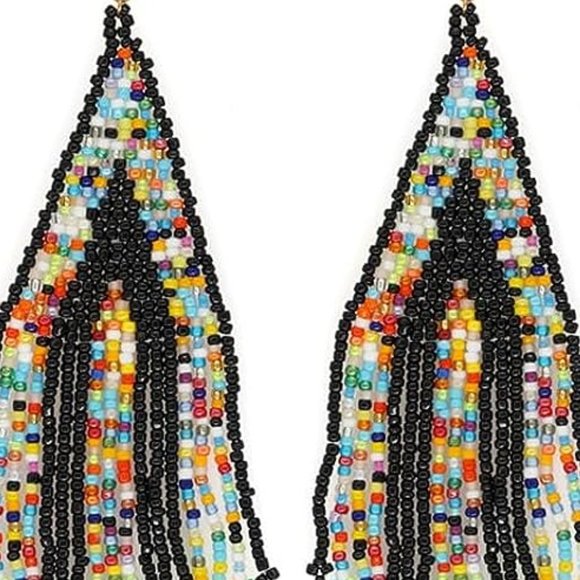 Long 5" Multicolor Black Stripe Handmade Beaded Oversized Statement Earrings New - Picture 2 of 5
